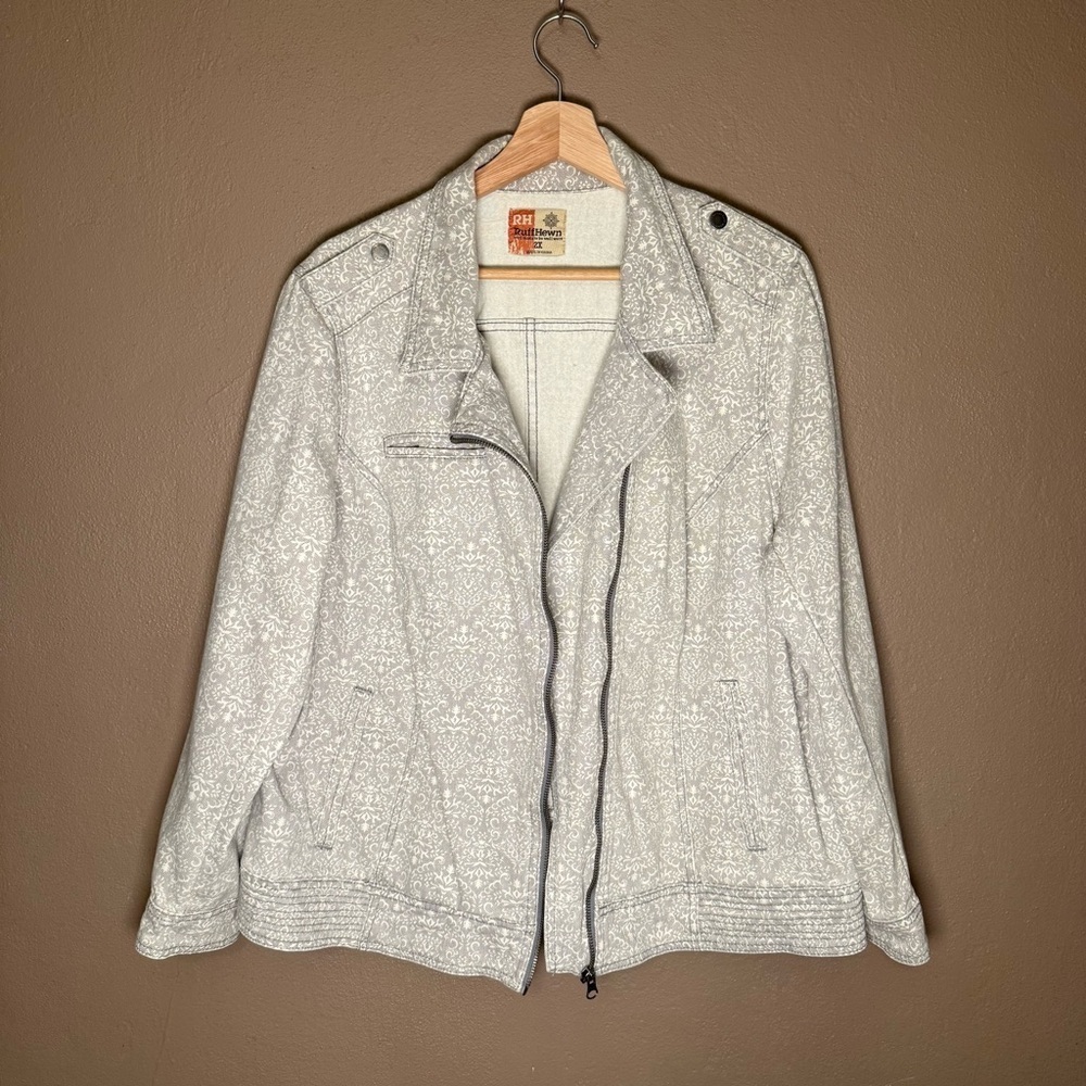 Ruff Hewn Gray & White Cotton Denim Moto Jacket Women's Plus Size 2X Streetwear - Picture 3 of 15